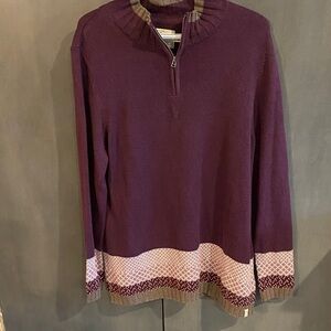 Elegant Purple Zip-Up Sweater with Patterned Hem